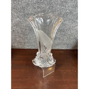 Lenox Full Lead Crystal 9 3/4"‎ Dolphin Vase Clear Etched Satin Dolphin